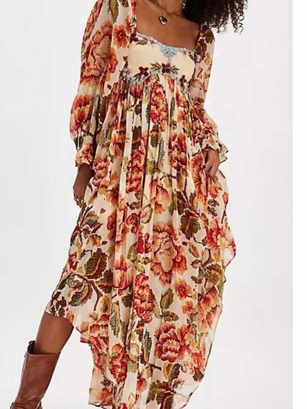 Free People Cream Maxi Dress with Orange Floral Print